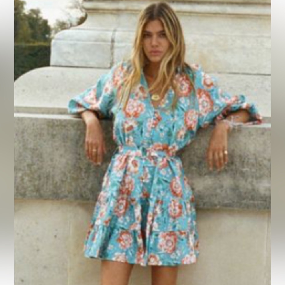 Kivari -  “Josette” Linen Blue and Orange Dress